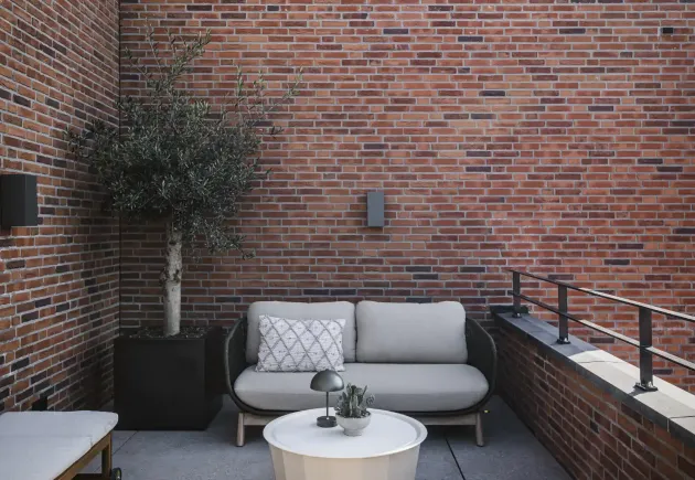 Luxe loungeset met olijfboom bij stenen muur